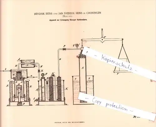 Original Patent  - H. und J. F. Beins in Groningen , Holland , 1884 , Chemische Apparate !!!