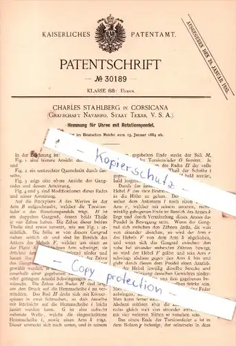 Original Patent  - Charles Stahlberg in Corsicana , 1884 , Hemmung für Uhren mit Rotationspendel !!!