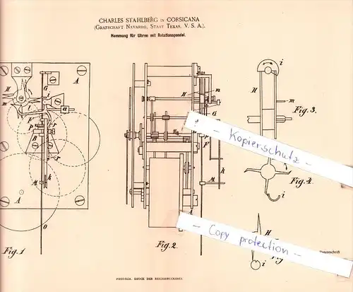 Original Patent  - Charles Stahlberg in Corsicana , 1884 , Hemmung für Uhren mit Rotationspendel !!!