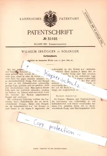 Original Patent  - Wilhelm Ibrügger in Solingen , 1884 , Gartenscheere !!!
