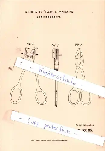 Original Patent  - Wilhelm Ibrügger in Solingen , 1884 , Gartenscheere !!!