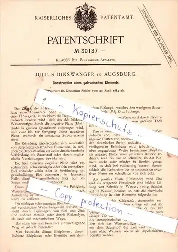 Original Patent  - Julius Binswanger in Augsburg , 1884 , Elektrische Apparate !!!