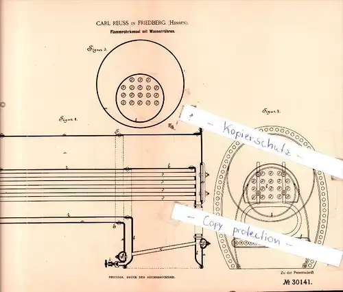 Original Patent  - Carl Reuss in Friedberg , Hessen , 1884 , Flammrohrkessel mit Wasserröhren !!!