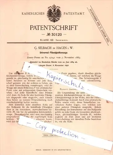 Original Patent  - G. Selbach in Hagen i. W. , 1884 , Universal-Flüssigkeitswaage !!!