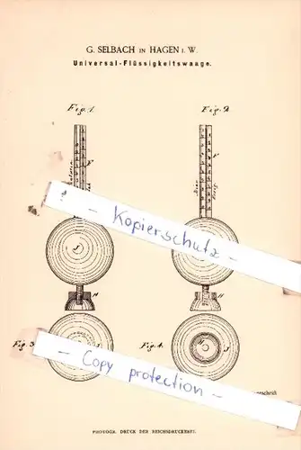 Original Patent  - G. Selbach in Hagen i. W. , 1884 , Universal-Flüssigkeitswaage !!!