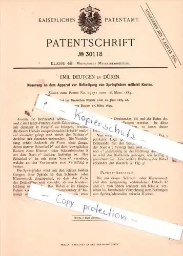 Original Patent  - Emil Deutgen in Düren , 1884 , Mechanische Metallbearbeitung !!!
