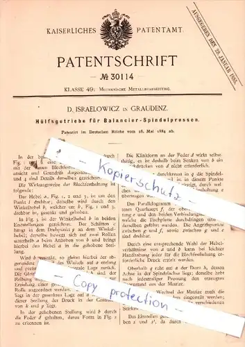 Original Patent  - D. Israelowicz in Graudenz , 1884 , Hülfsgetriebe für Balancier-Spindelpressen !!!