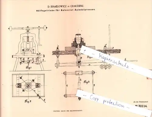 Original Patent  - D. Israelowicz in Graudenz , 1884 , Hülfsgetriebe für Balancier-Spindelpressen !!!