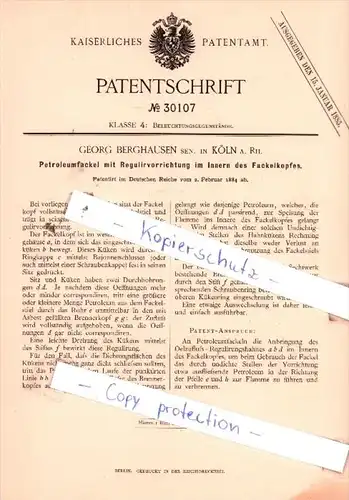 Original Patent  - G. Berghausen sen. in Köln a. Rh. , 1884 , Petroleumfackel mit Regulirvorrichtung !!!