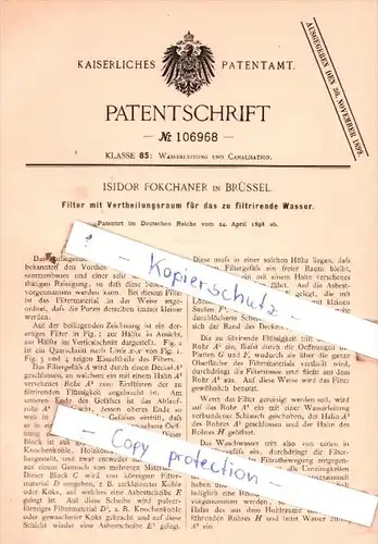 Original Patent  -  Isidor Fockchaner in Brüssel , 1898 , Wasserleitung und Canalisation !!!