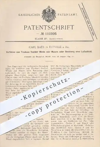 original Patent - Carl Baer in Eltville , 1899 , Trocknen feuchter Wände o. Mauern unter Benutzung einer Luftschicht !!!