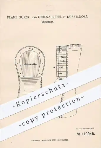 original Patent - Franz Gurzki und Lorenz Biebel in Düsseldorf , 1899 , Stiefeleisen , Stiefel , Schuhe , Schuster !!!