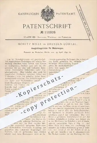 original Patent - M. Hille , Dresden - Löbtau , 1899 , Ausgleichsgetriebe für Motorwagen , Getriebe , Motor , Motoren !!