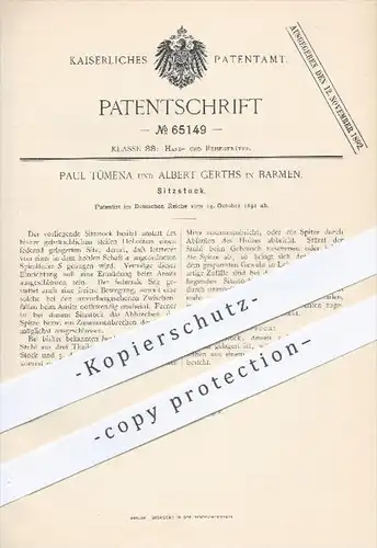 original Patent - Paul Tümena , Albert Gerths , Barmen , 1891 , Sitzstock , Sitz , Wanderstock , Jagdstuhl , Jäger !!