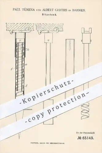 original Patent - Paul Tümena , Albert Gerths , Barmen , 1891 , Sitzstock , Sitz , Wanderstock , Jagdstuhl , Jäger !!