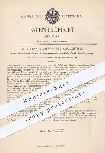 original Patent - W. Philippi , Wiesbaden / Dambachthal , 1894 , Quecksilberabschluss für Wasserrohr von Dampfheizungen