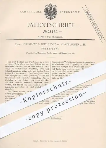 original Patent - Thumann & Buchholz in Nordhausen , Harz , 1884 , Fördergurt , Beförderung , Hebezeuge , Aufzug , Gurt