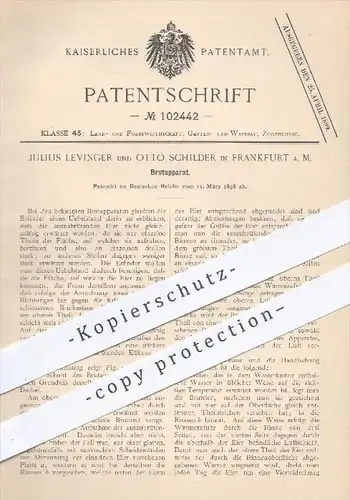 original Patent - J. Levinger , O. Schilder , Frankfurt / Main , 1898 , Brutapparat , Brutkasten , Brüten , Tierzucht !!