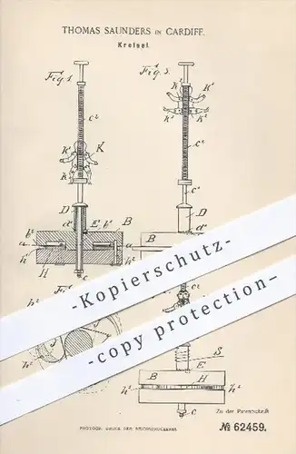 original Patent - Thomas Saunders in Cardiff , 1891 , Kreisel , Spielzeug , Rotation , Zentrifugalkraft , Brummkreisel !