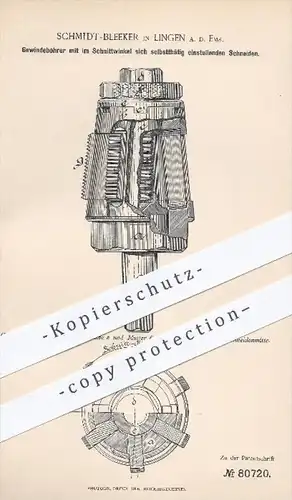 original Patent - Schmidt - Bleeker , Lingen / Ems , 1894 , Gewindebohrer , Bohrer , Bohren , Bohrmaschine , Gewinde !!