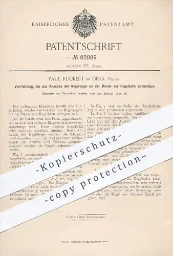 original Patent - P. Rückert , Gera , 1895 , Anzeigen des Anecken der Kegelkugel an der Bande der Kegelbahn , Kegeln !!!