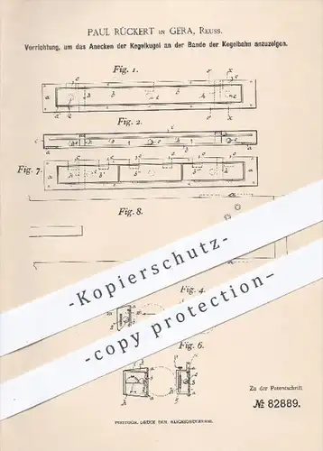 original Patent - P. Rückert , Gera , 1895 , Anzeigen des Anecken der Kegelkugel an der Bande der Kegelbahn , Kegeln !!!