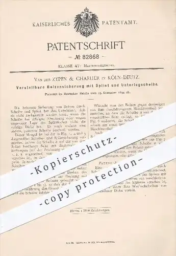 original Patent - Van der Zypen & Charlier , Köln - Deutz  1894 , Bolzensicherung mit Splint u. Unterlegscheibe , Bolzen