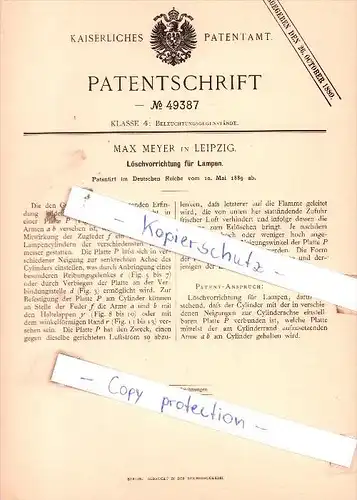 Original Patent  - Max Meyer in Leipzig , 1889 , Löschvorrichtung für Lampen !!!