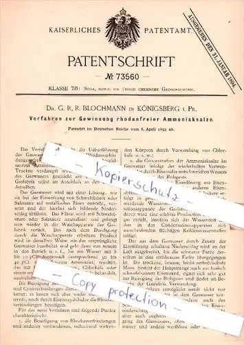 Original Patent  - Dr. G. R. R. Blochmann in Königsberg i. Pr. , 1893 , Ammoniaksalze !!!