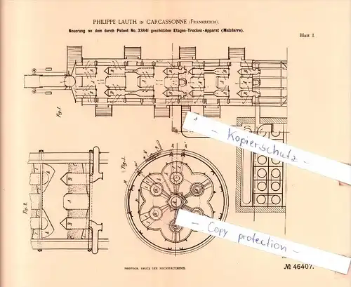 Original Patent  - Philippe Lauth in Carcassonne , Frankreich , 1888 , Etagen-Trocken-Apparat !!!