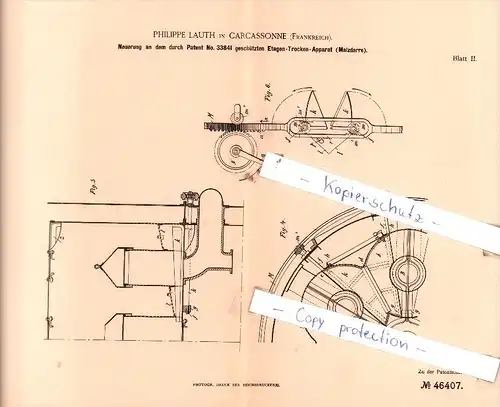 Original Patent  - Philippe Lauth in Carcassonne , Frankreich , 1888 , Etagen-Trocken-Apparat !!!