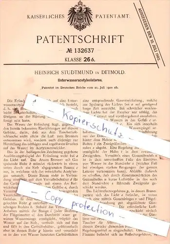 Original Patent  - Heinrich Studtmund in Detmold , 1900 ,  Unterwasseracylenlaterne !!!