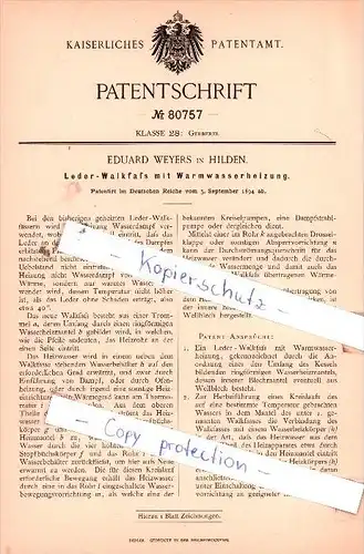 Original Patent  - Eduard Weyers in Hilden  , 1894 ,  Leder-Walkfaß mit Warmwasserheizung !!!