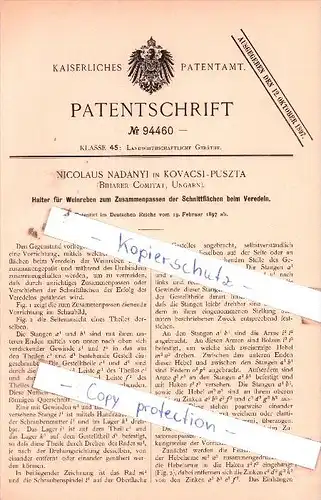 Original Patent  - Nicolaus Nadànyi in Kovacsi-Puszta , Biharer Comitat , Ungarn , 1897 , Kovács !!!