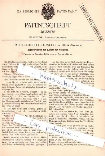 Original Patent  - C. F. Frotzscher in Riesa , Sachsen , 1885 , Bügelverschluß für Kannen !!!