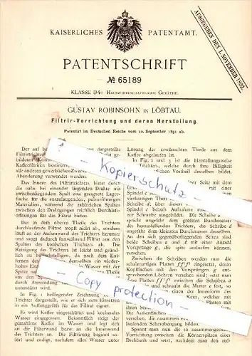 Original Patent  - Gustav Robinsohn in Löbtau b. Dresden , 1891 , Filtrir-Vorrichtung und deren Herstellung !!!