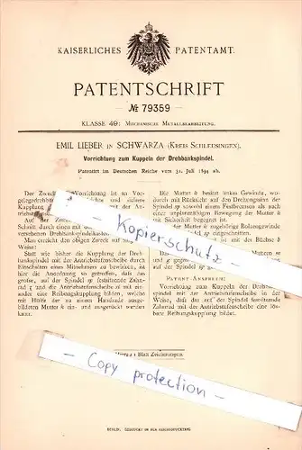 Original Patent  - Emil Lieber in Schwarza , Kreis Schleusingen , 1894 , Kuppeln der Drehbankspindel !!!