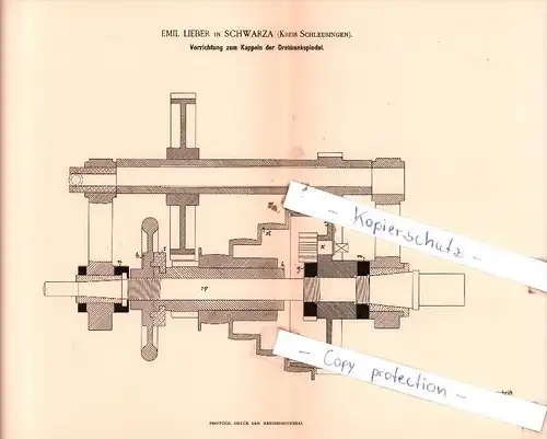 Original Patent  - Emil Lieber in Schwarza , Kreis Schleusingen , 1894 , Kuppeln der Drehbankspindel !!!