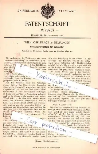 Original Patent  - Wilh. Osk. Prack in Melsungen , 1893 , Aufhängevorrichtung für Beinkleider !!!