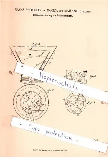 Original Patent  - Franz Prokubek in Monza bei Mailand , Italien , 1894 ,  Einsackvorrichtung !!!