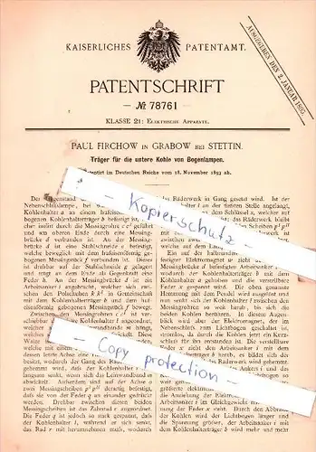 Original Patent  -  P. Firchow in Grabow bei Stettin , 1893 , Elektrische Apparate !!!
