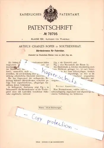 Original Patent  - Arthur Charles Roper in Southernhay , 1893 , Bürstenbremse für Fahrräder , Exeter , Devon !!!