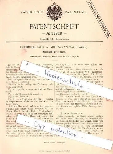 Original Patent  - Friedrich Jàck in Gross-Kanizsa / Nagykanizsa , Ungarn , 1890 ,  Haarnadel-Befestigung !!!