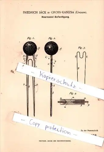 Original Patent  - Friedrich Jàck in Gross-Kanizsa / Nagykanizsa , Ungarn , 1890 ,  Haarnadel-Befestigung !!!