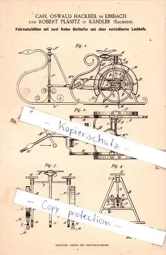 Original Patent  - Carl Oswald Hackbeil in Limbach und Robert Plänitz in Kändler , 1890 , !!!