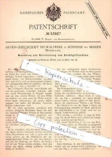 Original Patent  - Aktien-Gesellschaft Neuwalzwerk in Bösperde bei Menden , Westfalen , 1890 , !!!