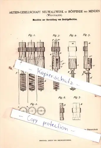 Original Patent  - Aktien-Gesellschaft Neuwalzwerk in Bösperde bei Menden , Westfalen , 1890 , !!!