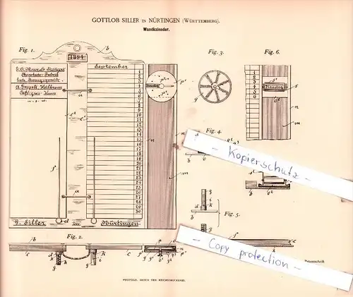 Original Patent  - Gottlob Siller in Nürtingen , Württemberg , 1894 , Wandkalender !!!