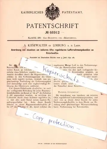 Original Patent  - A. Kiesewalter in Limburg a. d. Lahn , 1891 , Gas-Bereitung und -Beleuchtung !!!
