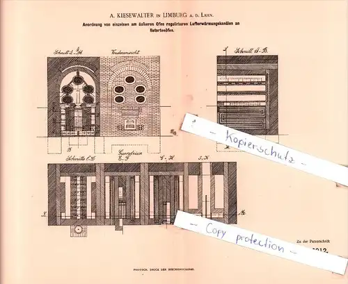 Original Patent  - A. Kiesewalter in Limburg a. d. Lahn , 1891 , Gas-Bereitung und -Beleuchtung !!!